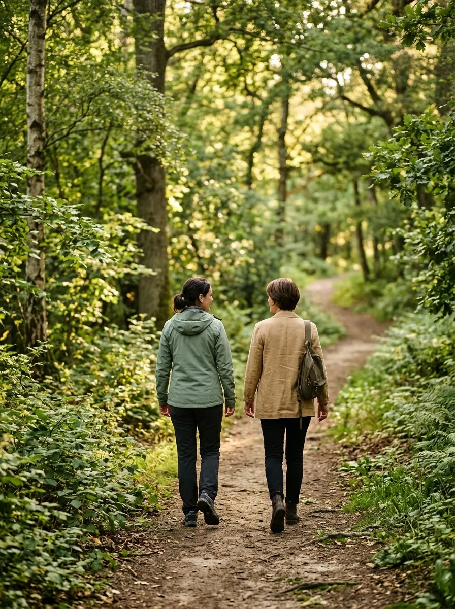 Coach en cliënt wandelend door het bos